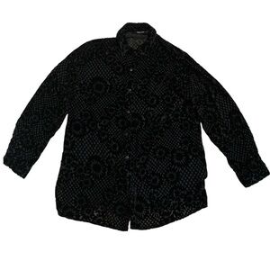 Vintage Black Velvet Burnout Floral Grid Button Down Blouse Top - Oversized